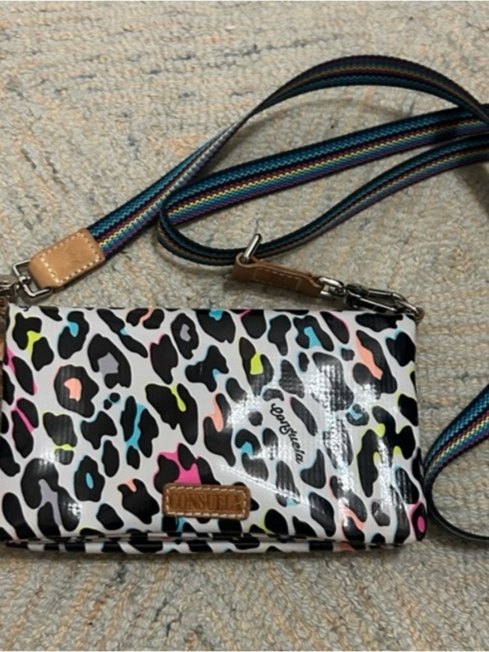 Consuela Neon Leopard Print Crossbody Wristlet with Striped Strap